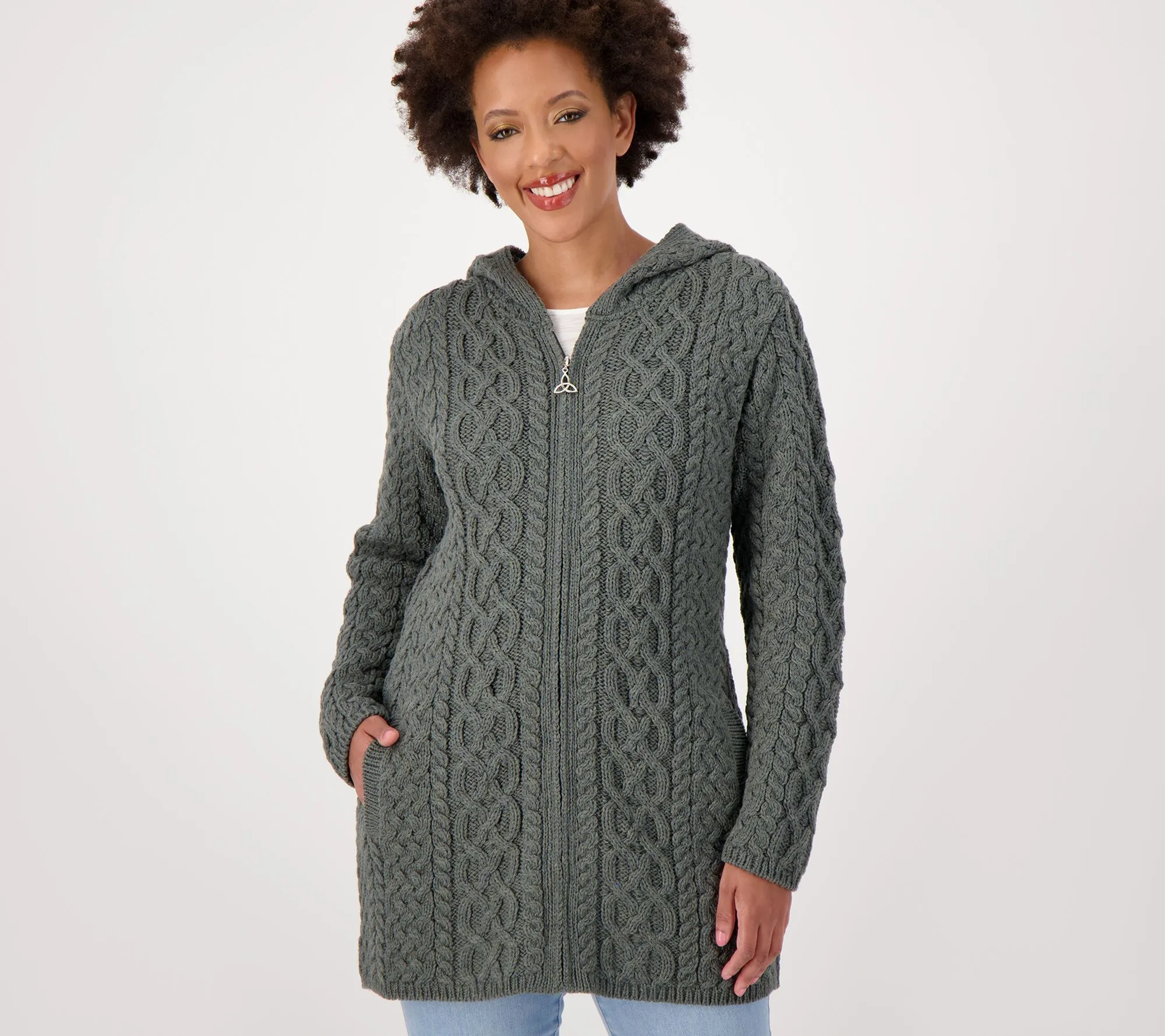 "As Is" Aran Craft Merino Wool Zip-Front Long Sweater Cardigan