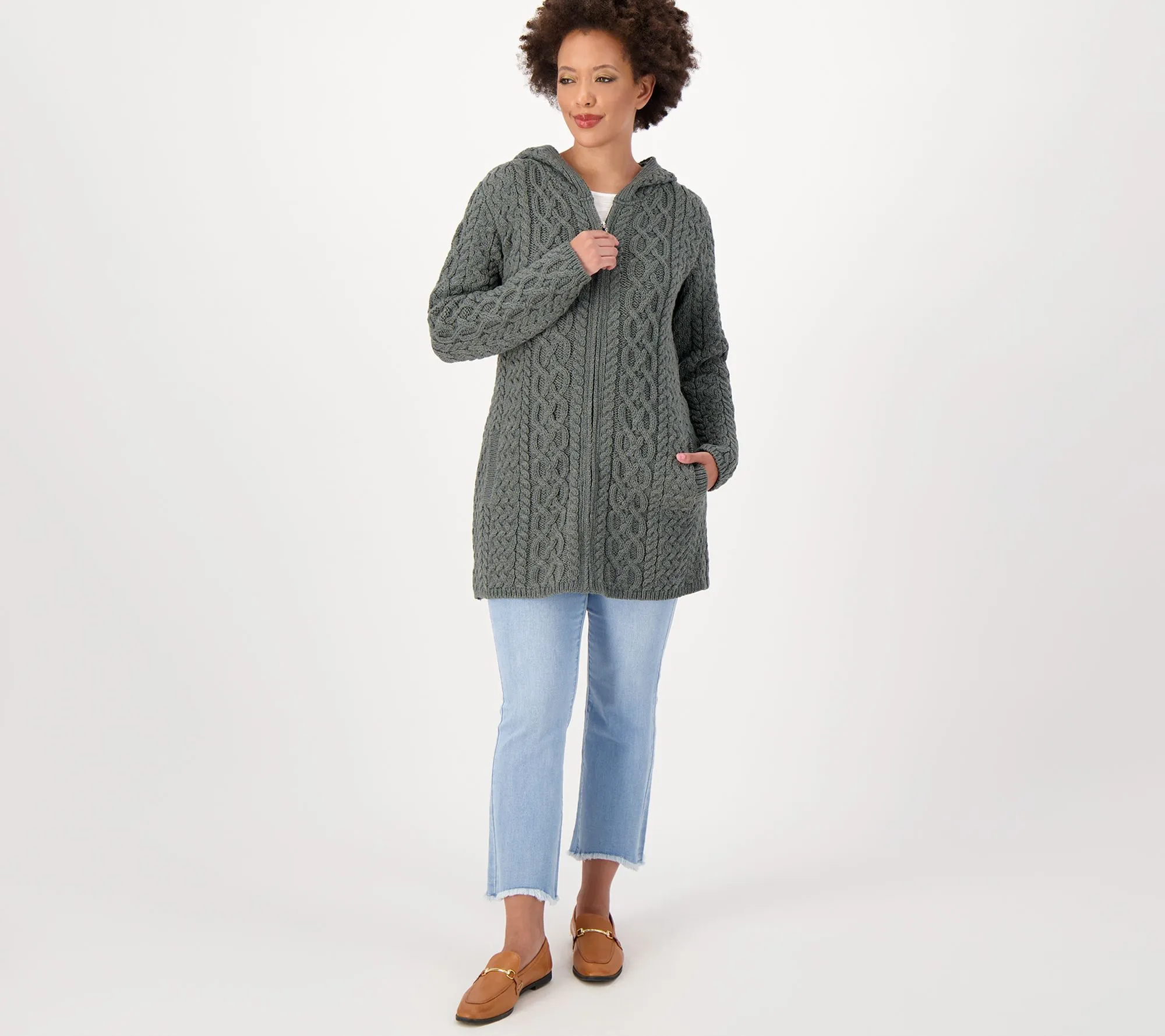 "As Is" Aran Craft Merino Wool Zip-Front Long Sweater Cardigan