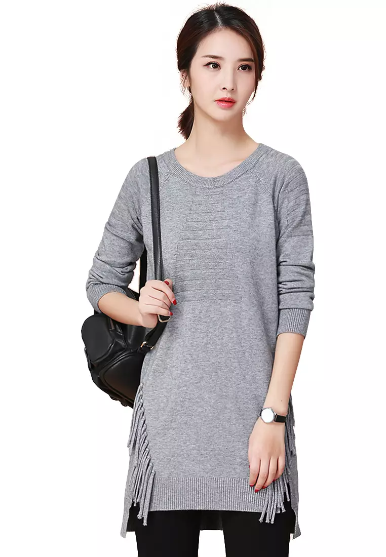 A-IN GIRLS Round Neck Fringed Long Sweater