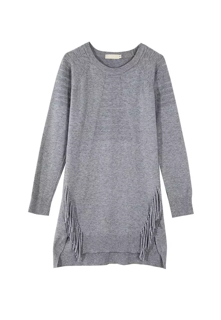 A-IN GIRLS Round Neck Fringed Long Sweater