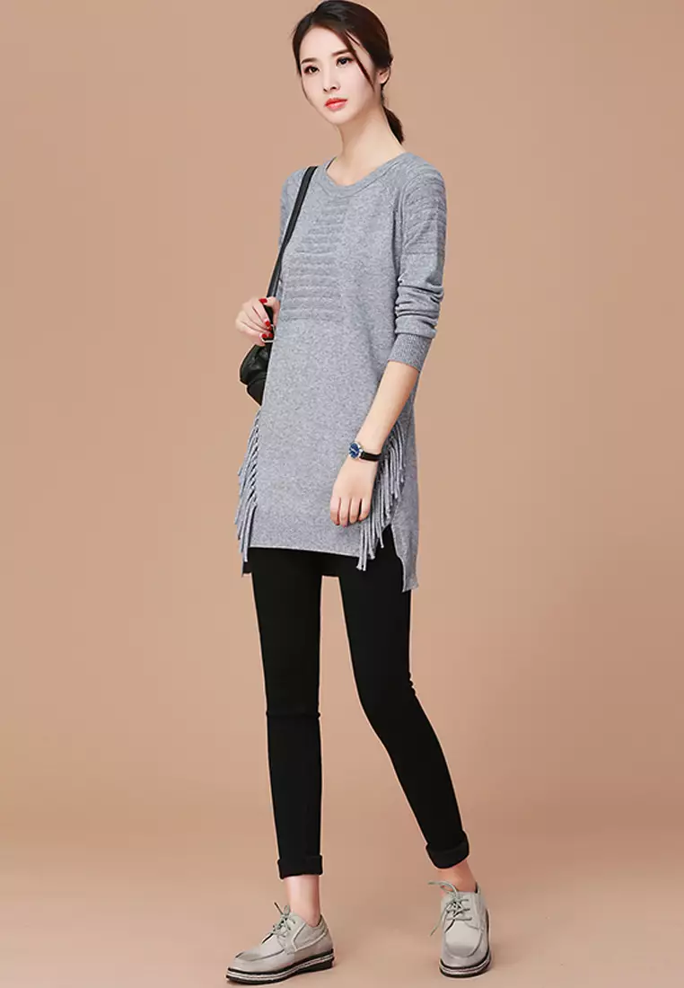 A-IN GIRLS Round Neck Fringed Long Sweater