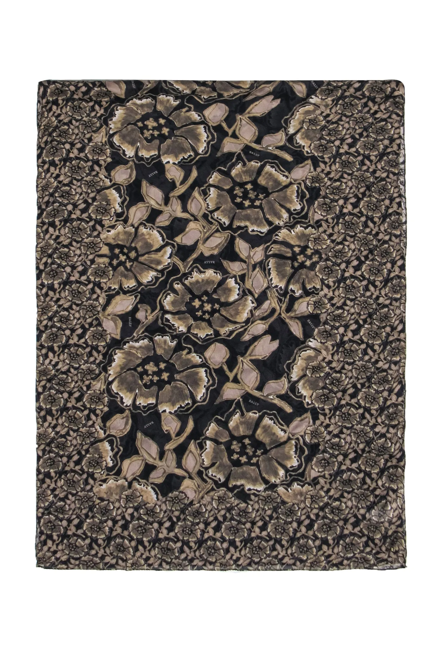 Bally - Grey, Tan & Black Silk Floral Print Long Scarf