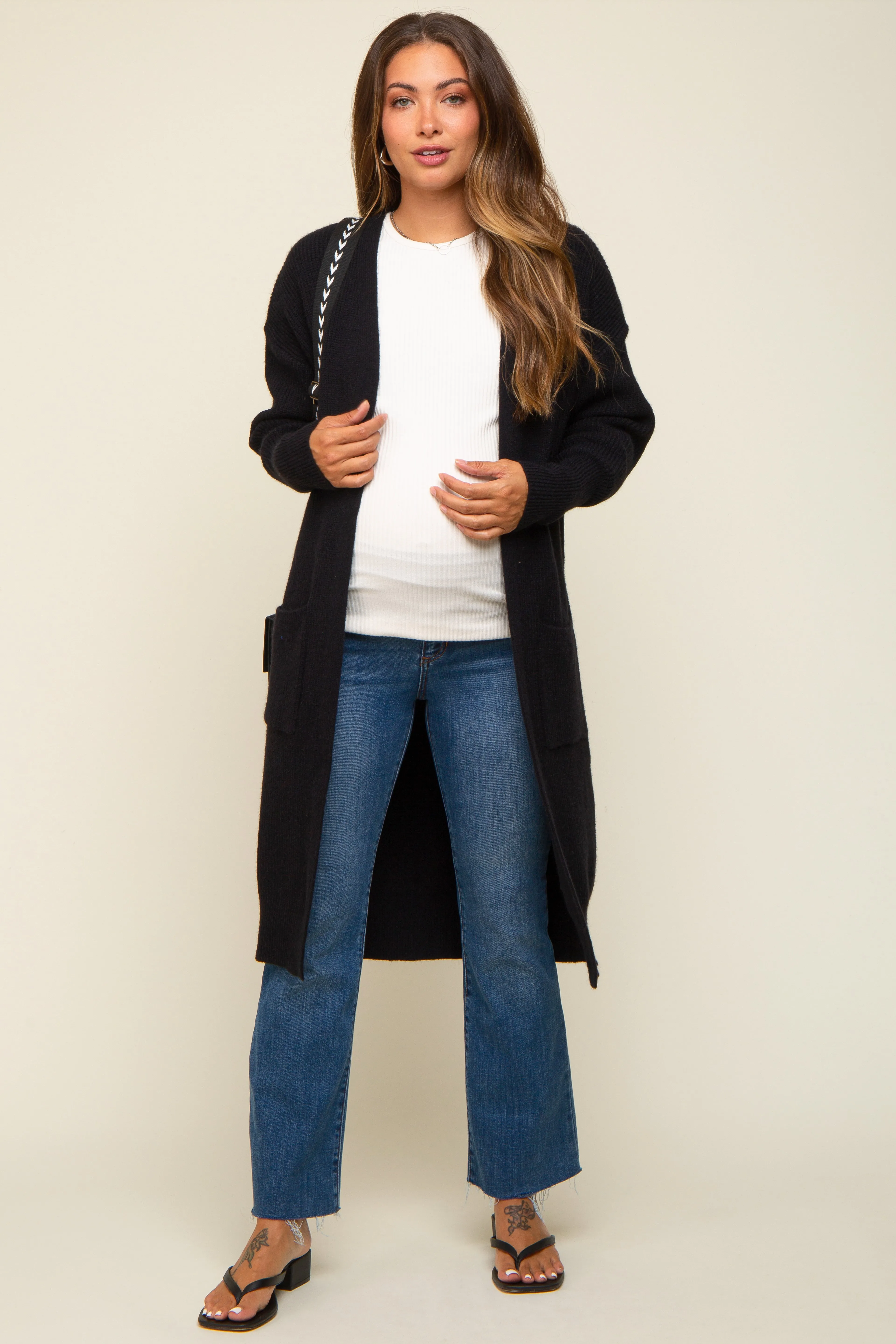 Black Chunky Knit Long Sweater Maternity Cardigan