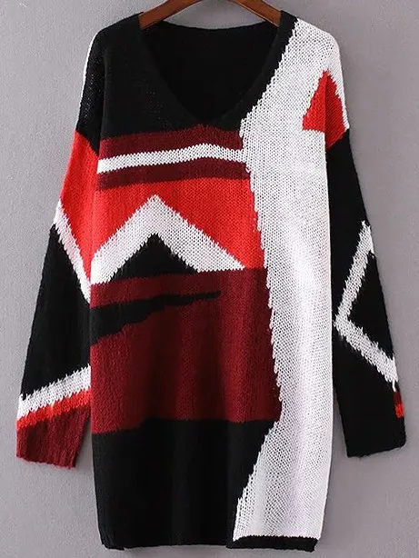 Black Orange  White Block V Neck Loose Long Sweater