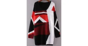 Black Orange  White Block V Neck Loose Long Sweater