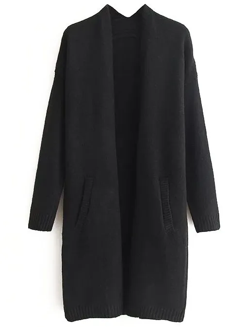 Black Ribbed Front Pocket Long Sweater Winter Coat