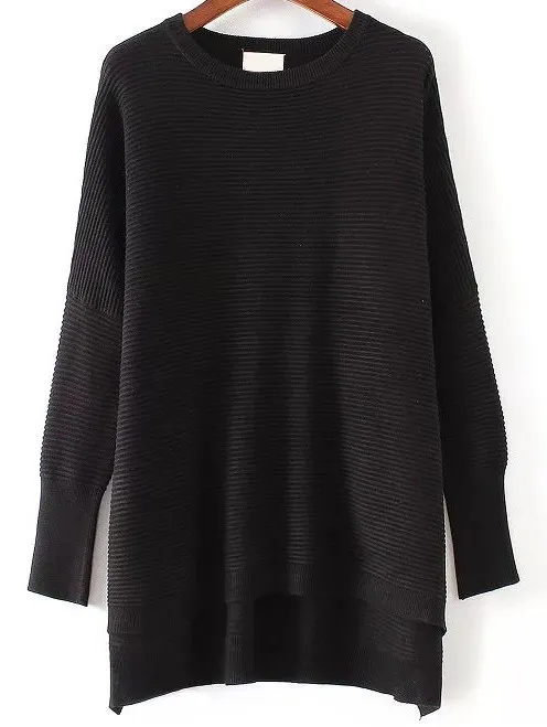 Black Round Neck High Low Long Sweater Knitwear