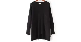 Black Round Neck High Low Long Sweater Knitwear