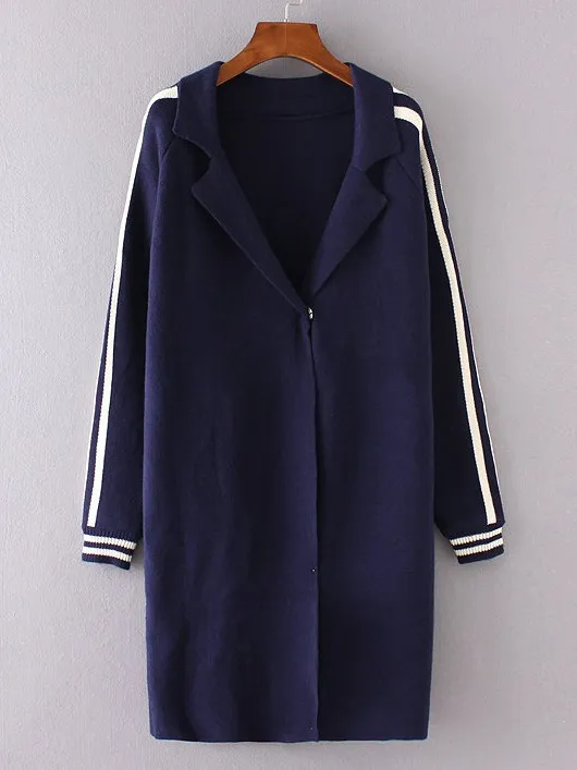 Blue Navy White Striped Long Sweater Coat