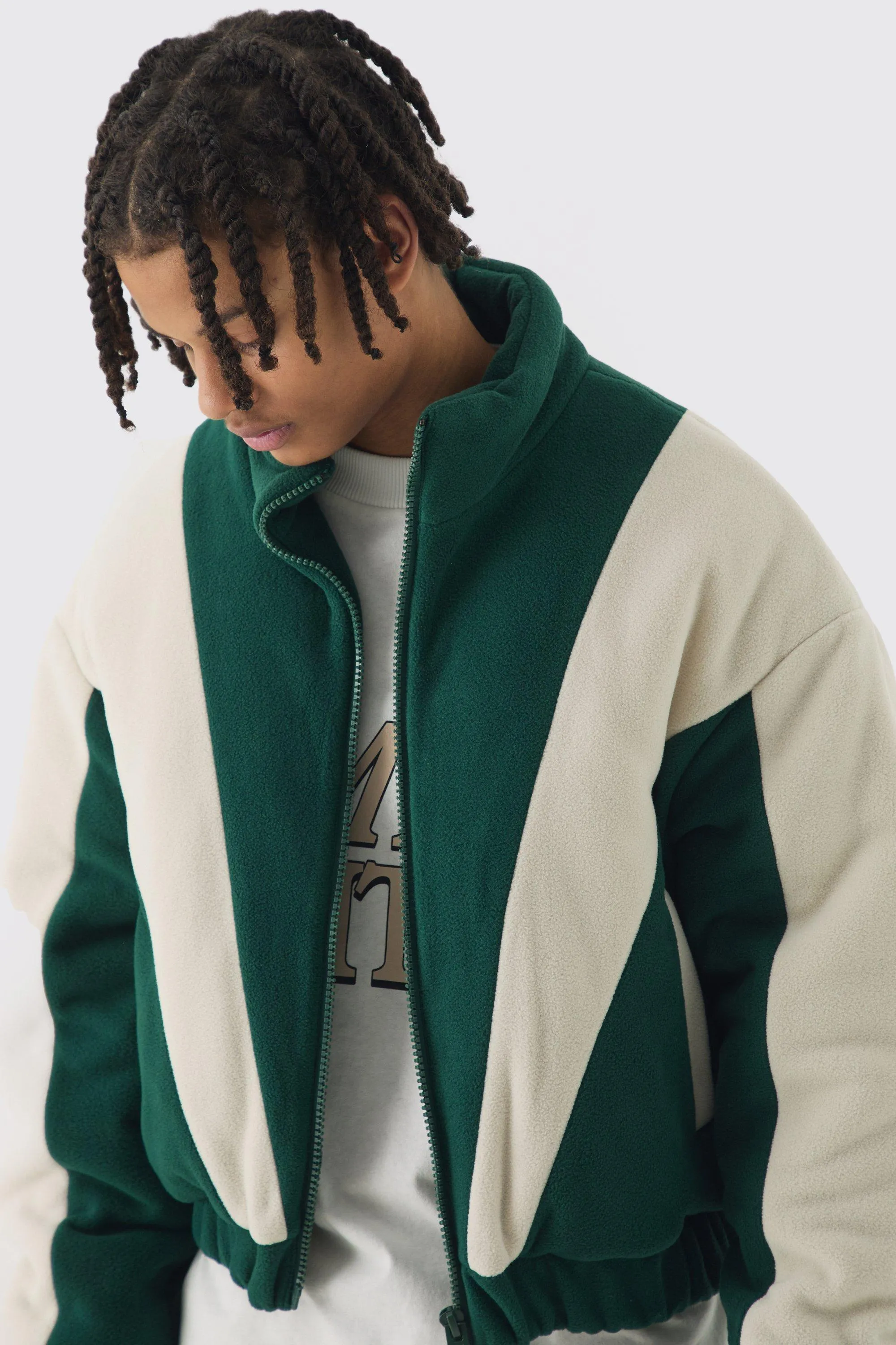 Boxy Colour Block Funnel Neck Fleece Jacket In Green