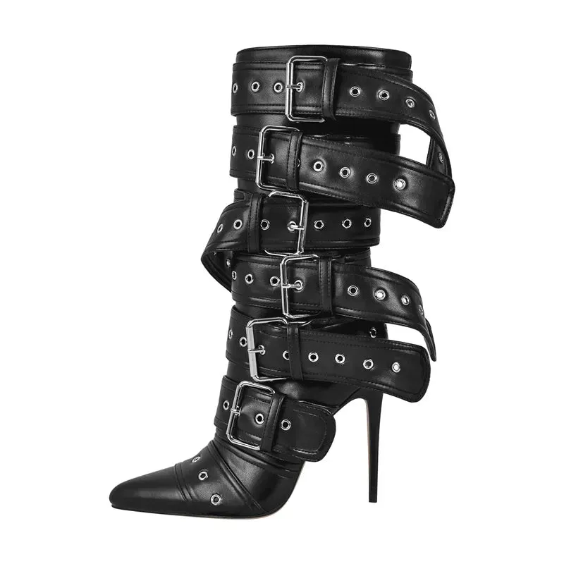 Buckle Pointed Toe Mid-Calf Boot