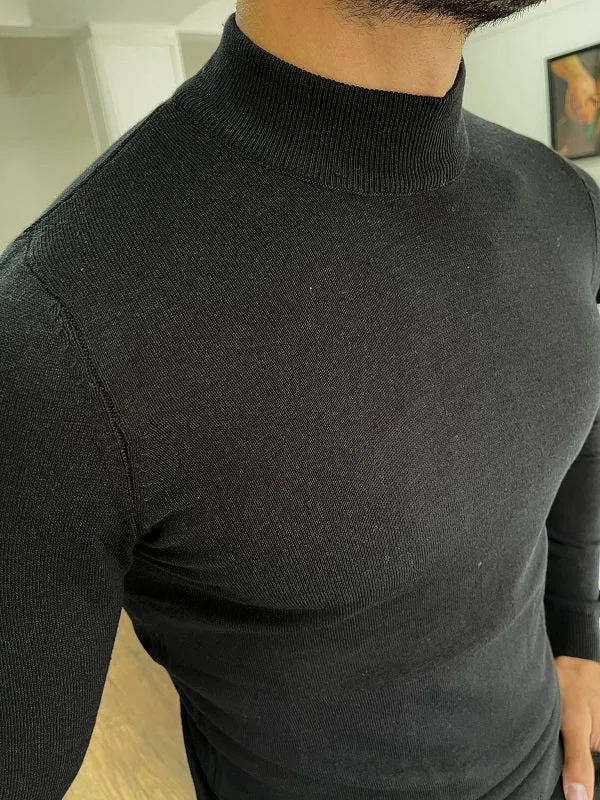 Casani Black Slim Fit Mock Turtleneck Sweater