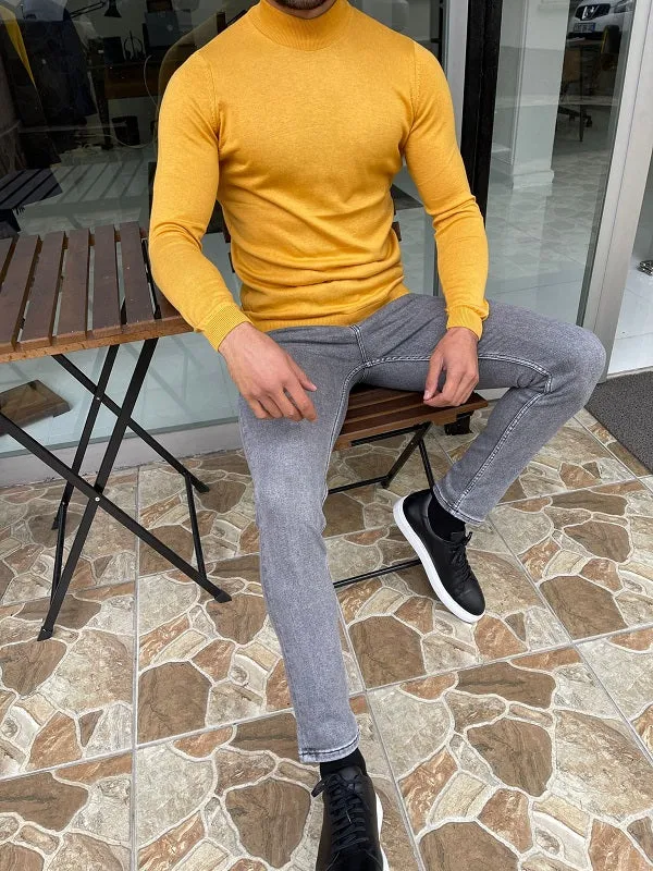 Casani Yellow Slim Fit Mock Turtleneck Sweater