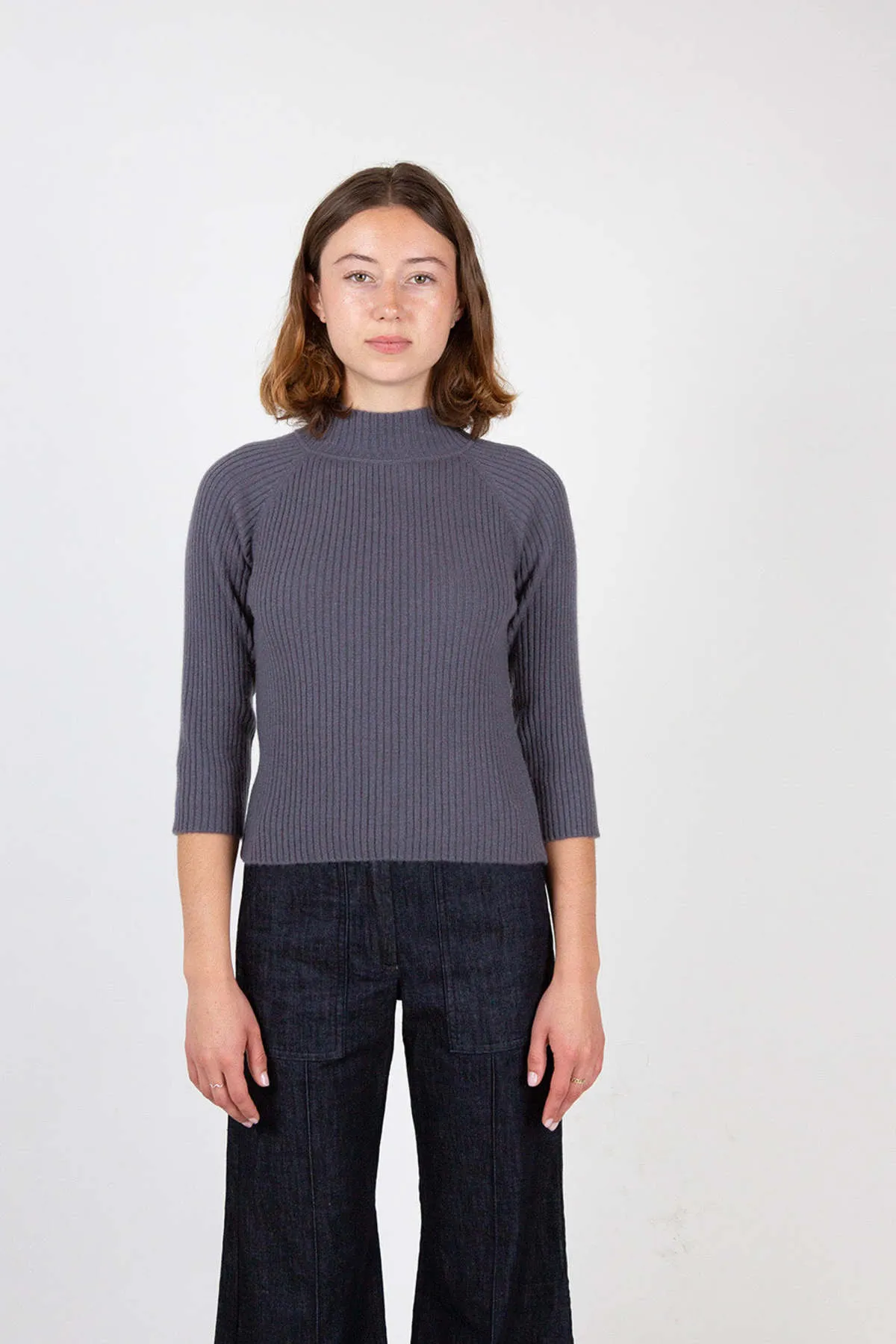 Cashmere Ribbed Mock Turtleneck Sweater - Slate