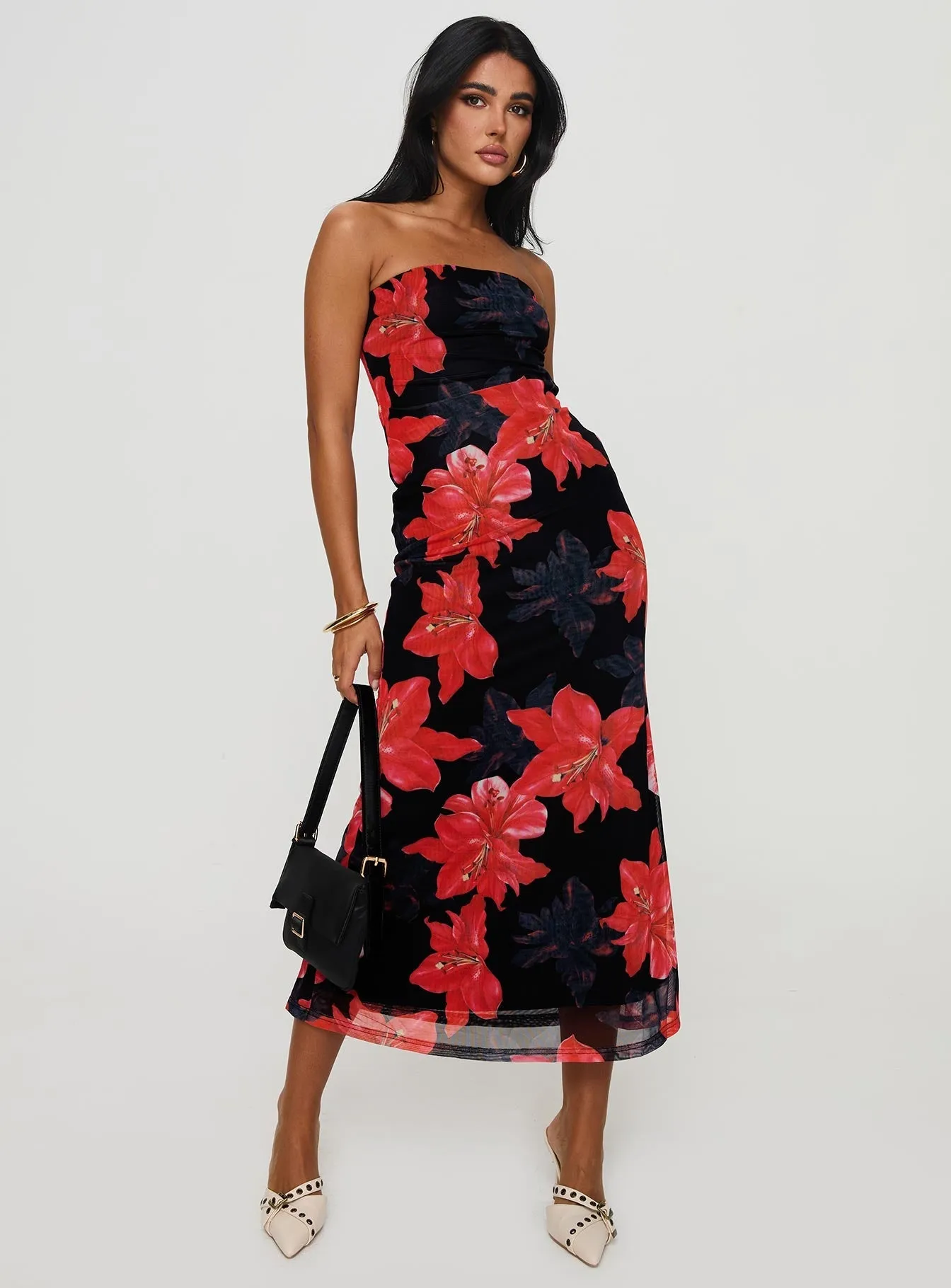 Celik Strapless Maxi Dress Black / Floral