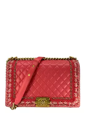 Chanel Pink Quilted Lambskin Boy Bag With Tweed Size M