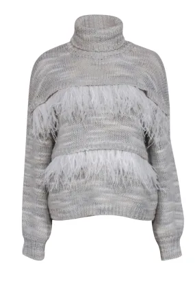 Cinq a Sept - Tan & Gray Turtleneck Sweater w/ Feathers Sz S