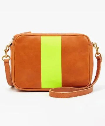 Clare V. Midi Sac - Tan Nappetto with Neon Yellow Stripe