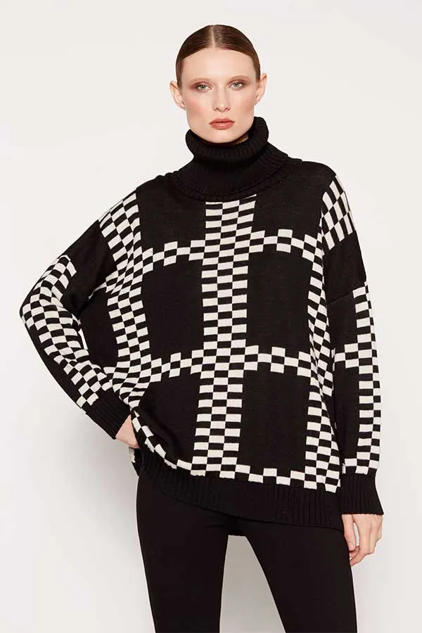 Escorpion BLACK CHECKERED JACQUARD TURTLENECK SWEATER