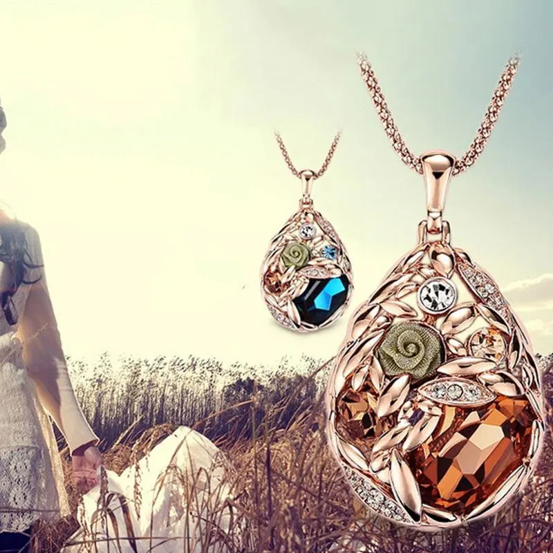 Exaggerated Long Sweater Necklaces Jewelry For Women 18k Gold Crystal Teardrop Ear Of Wheat Pendant Necklaces SM6