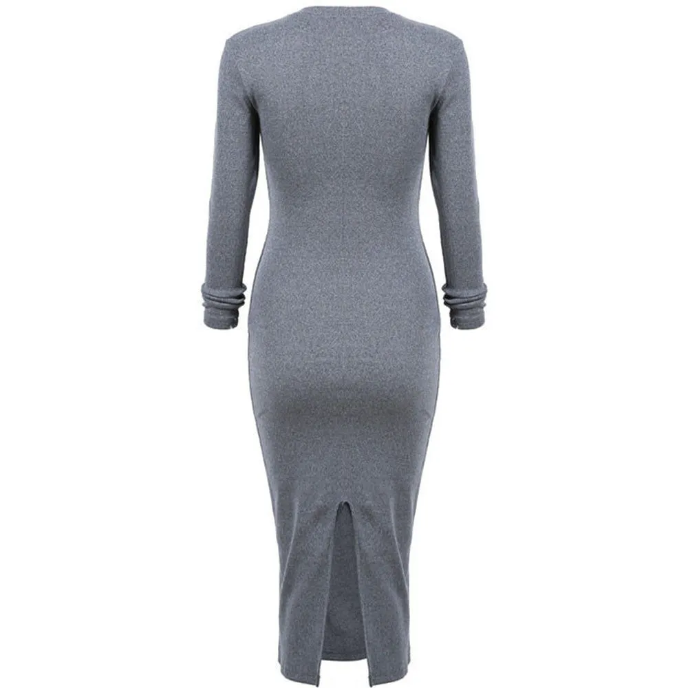 Feida Women Long Sweater Long Sleeve Skinny Split Pencil Dress &