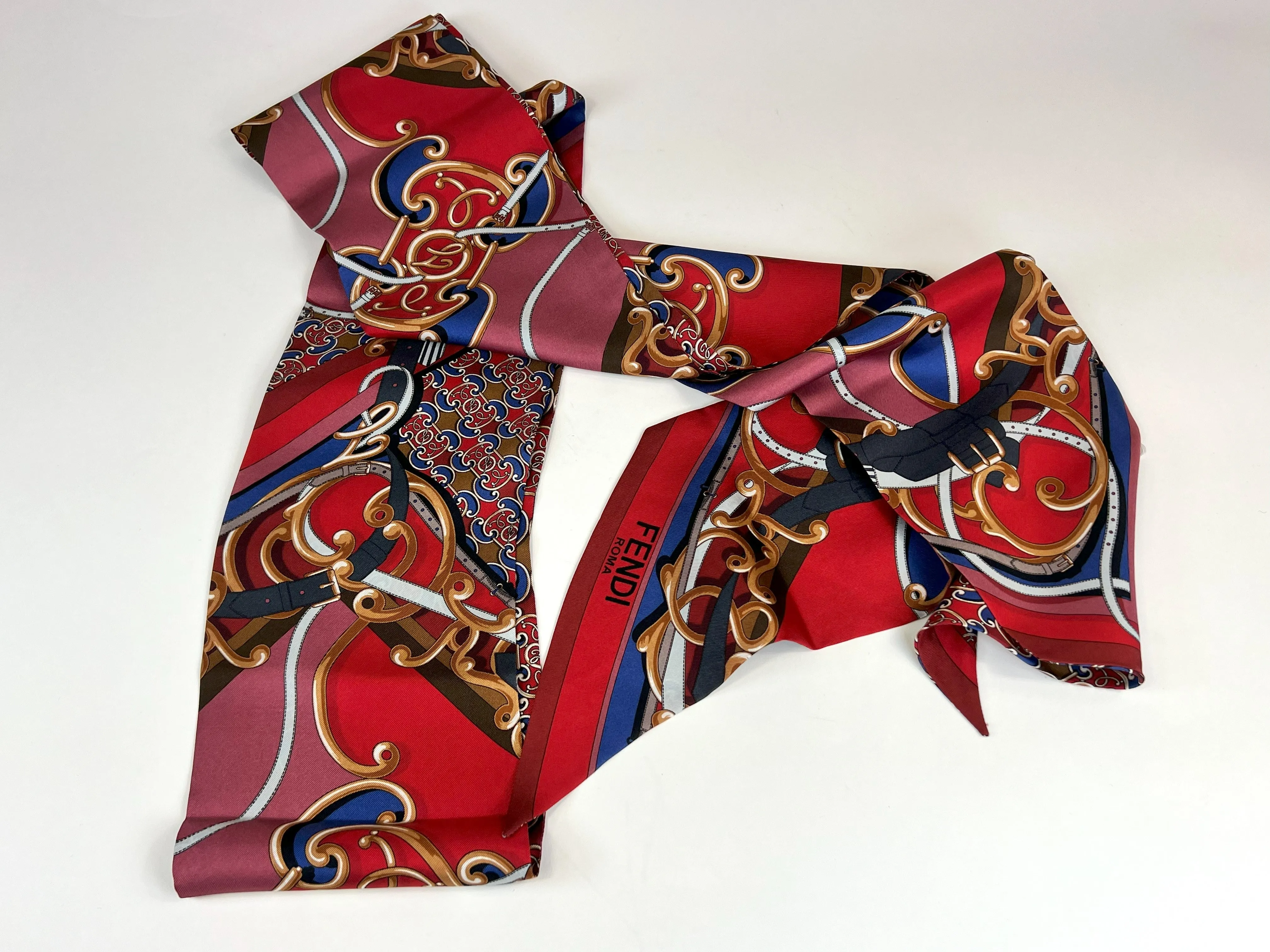 Fendi Red and Blue Patterned Silk Long Scarf