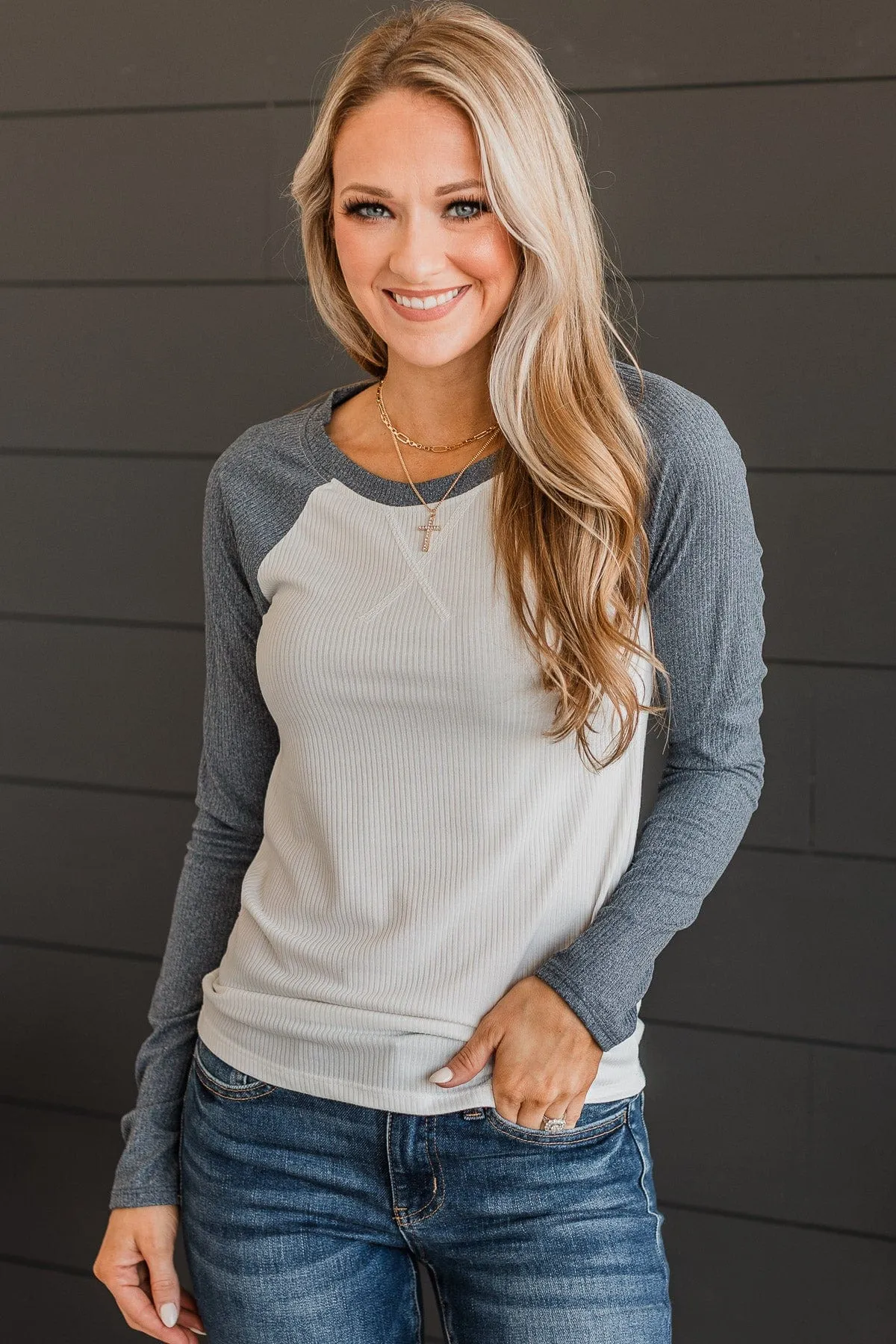 Filled With Love Raglan Top- Ivory & Denim