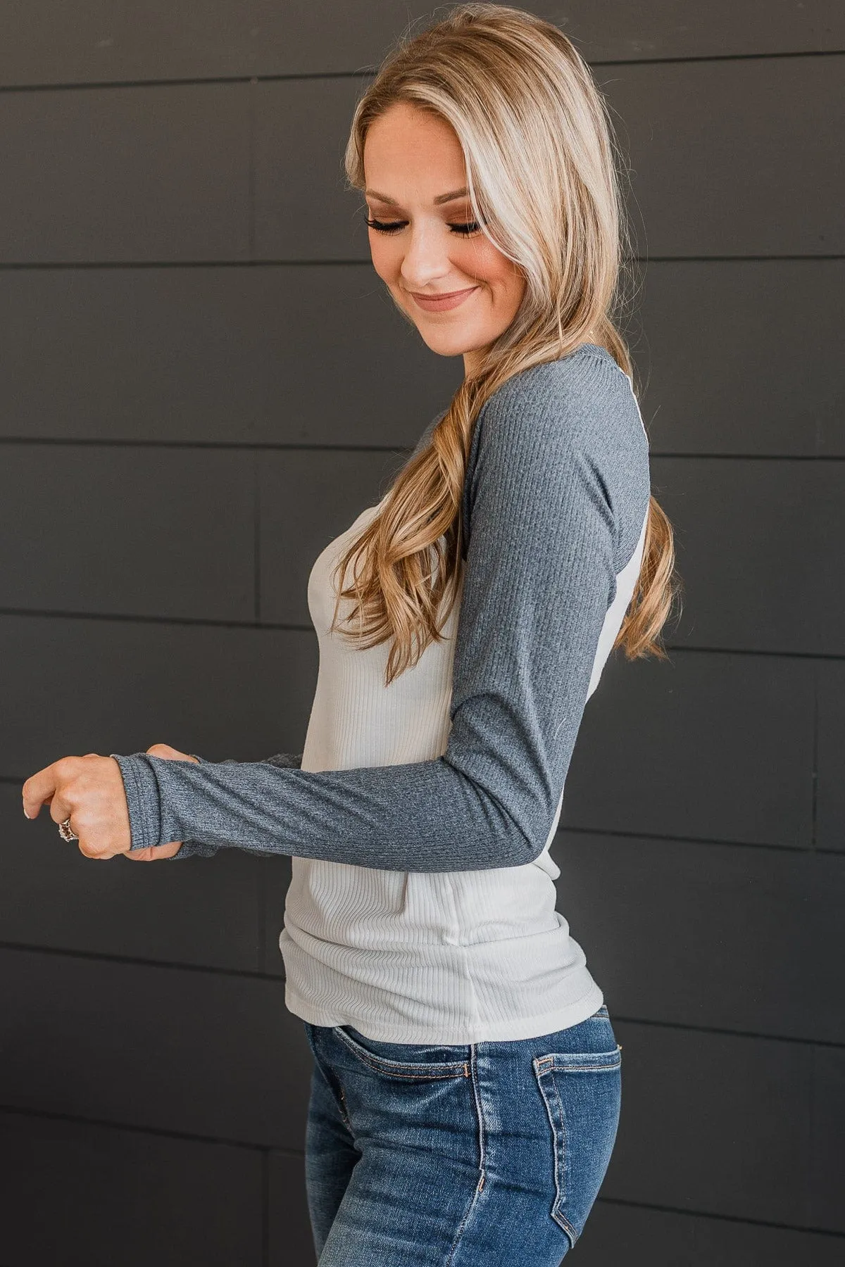 Filled With Love Raglan Top- Ivory & Denim