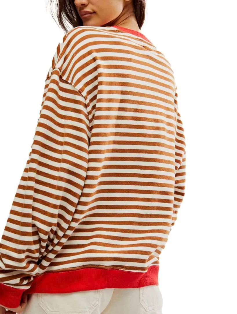 Free People Classic Stripe Crewneck Top in Coffee Combo