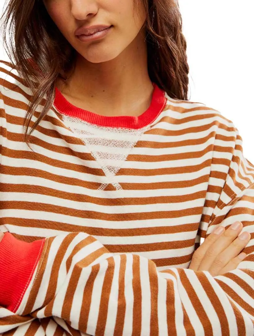 Free People Classic Stripe Crewneck Top in Coffee Combo