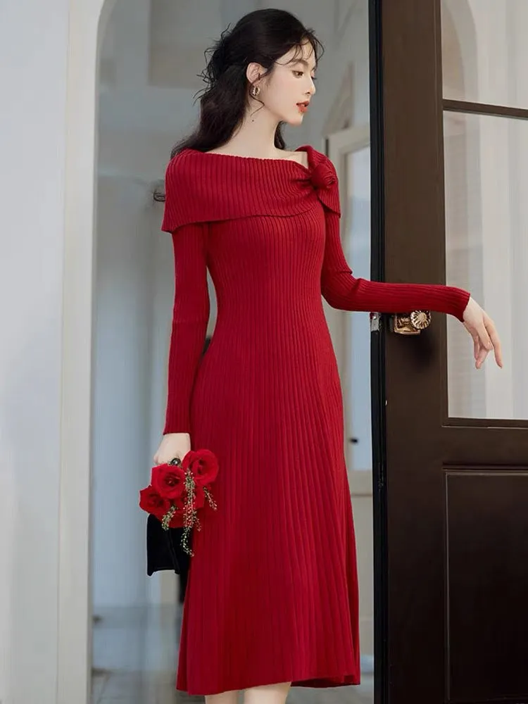 French retro cotton wool inner one-shoulder knitted dress for women Hepburn high-end long sweater skirtb