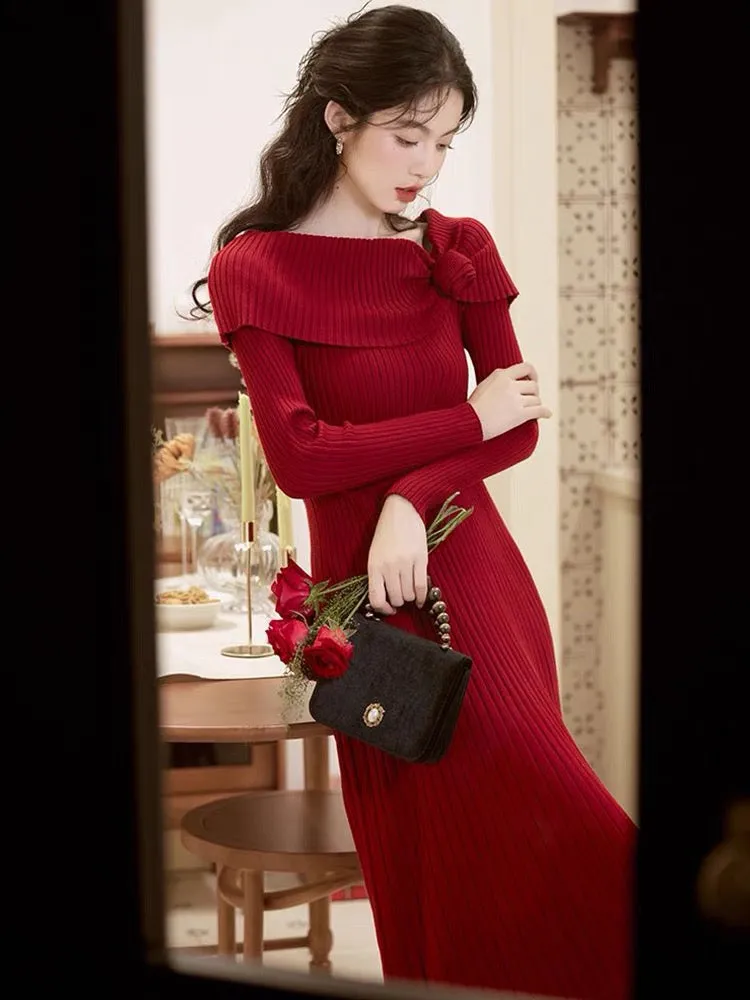 French retro cotton wool inner one-shoulder knitted dress for women Hepburn high-end long sweater skirtb