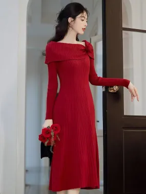 French retro cotton wool inner one-shoulder knitted dress for women Hepburn high-end long sweater skirtb