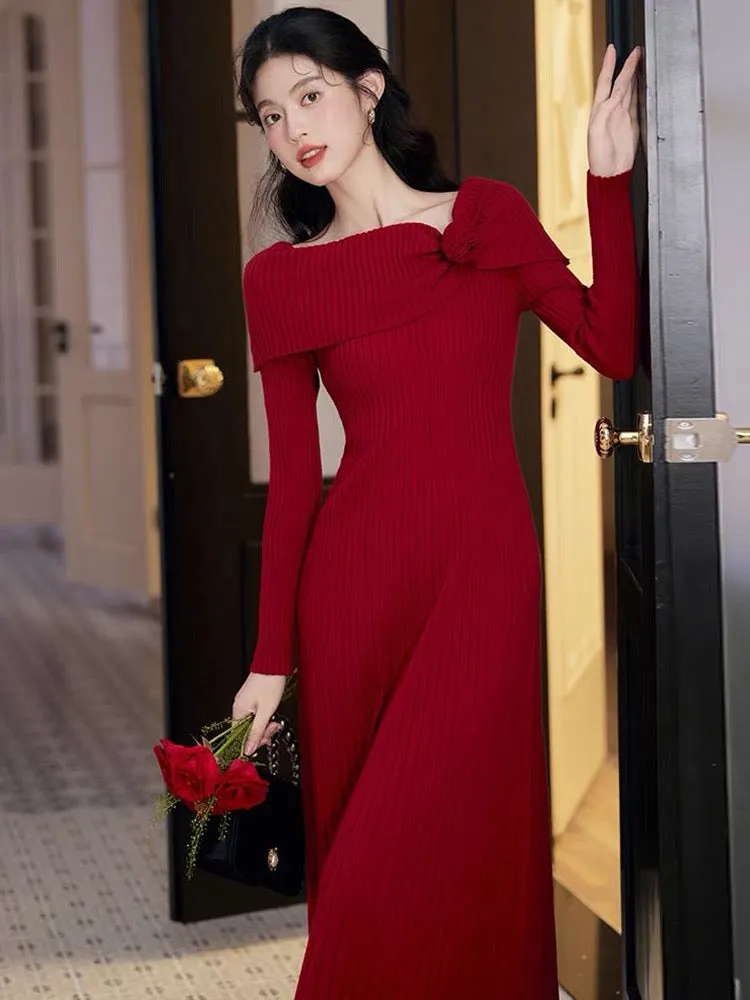 French retro cotton wool inner one-shoulder knitted dress for women Hepburn high-end long sweater skirtb