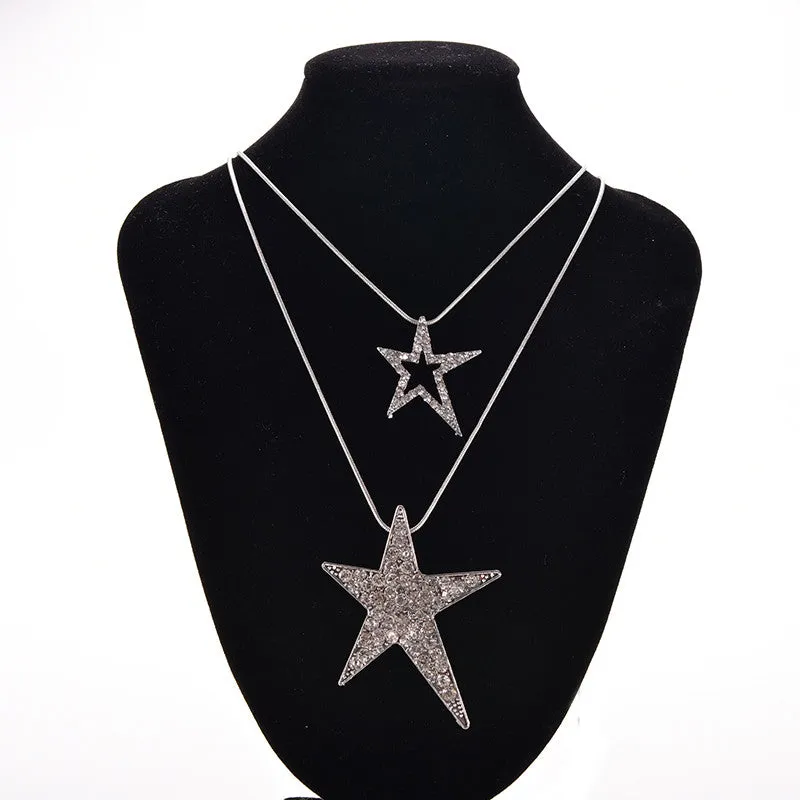 Gifts For Women Lady Jewelry Vintage Double Star Pendants Necklaces Rhineshone Long Sweater Chains Necklace SM6