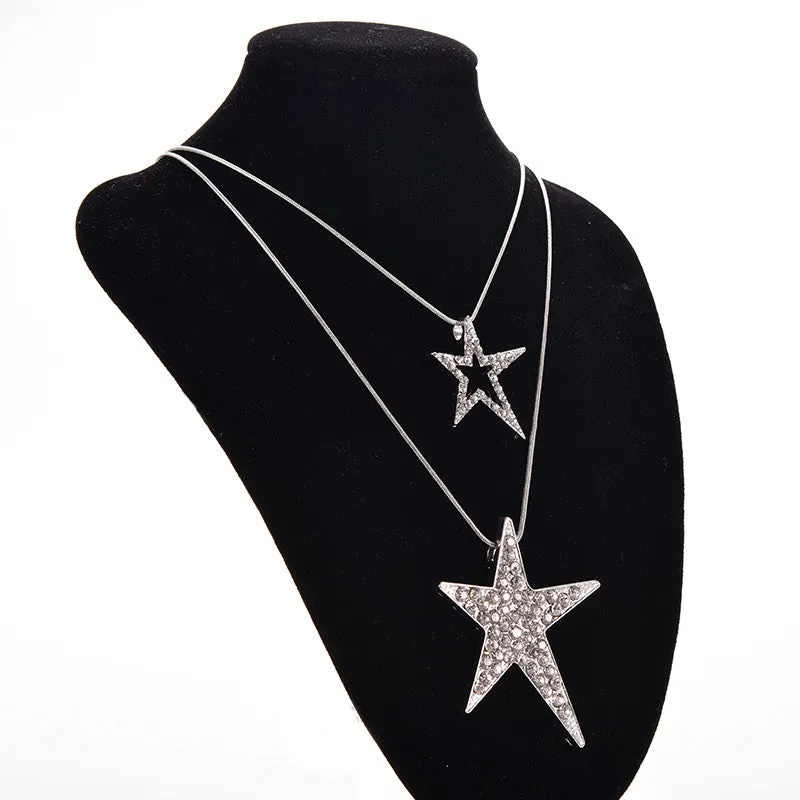 Gifts For Women Lady Jewelry Vintage Double Star Pendants Necklaces Rhineshone Long Sweater Chains Necklace SM6