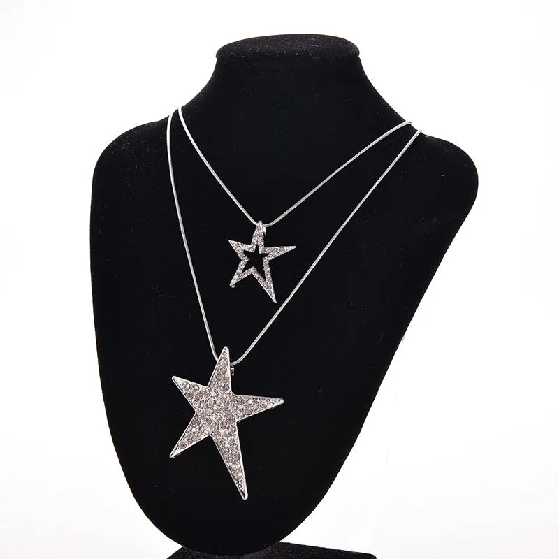 Gifts For Women Lady Jewelry Vintage Double Star Pendants Necklaces Rhineshone Long Sweater Chains Necklace SM6