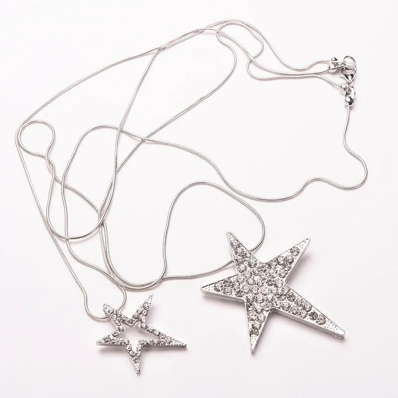 Gifts For Women Lady Jewelry Vintage Double Star Pendants Necklaces Rhineshone Long Sweater Chains Necklace SM6