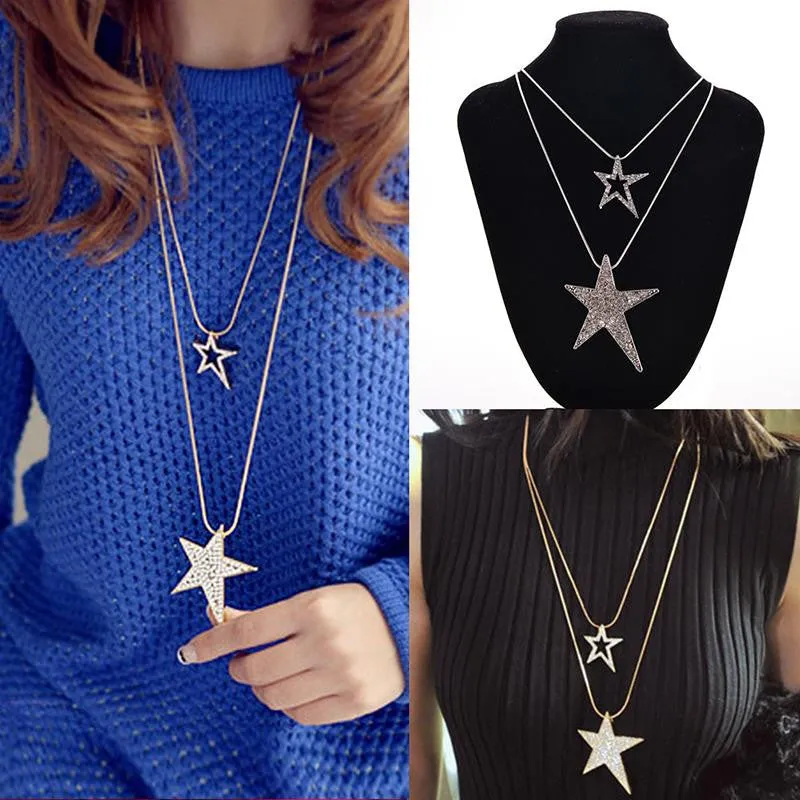 Gifts For Women Lady Jewelry Vintage Double Star Pendants Necklaces Rhineshone Long Sweater Chains Necklace SM6