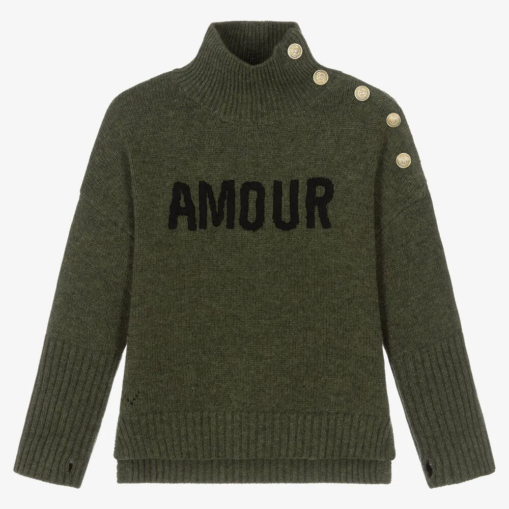 Girls Green Wool Turtleneck Sweater