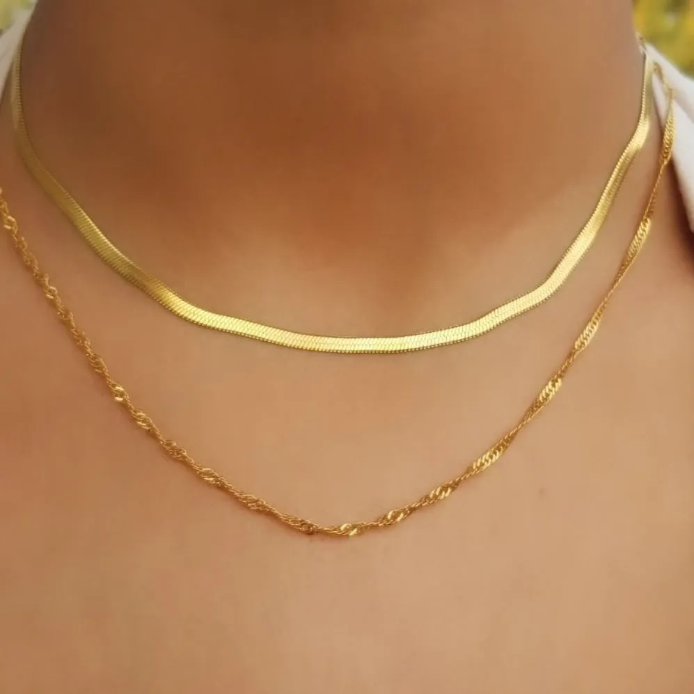 Gold Filled Herringbone and Singapore Necklace Set