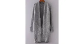 Grey Collarless Loose Sleeve Front Pocket Long Sweater Jackets