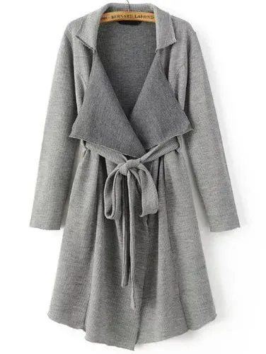 Grey Shawl Long Sweater Pocket Belt Coat 