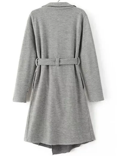 Grey Shawl Long Sweater Pocket Belt Coat 