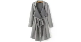 Grey Shawl Long Sweater Pocket Belt Coat 