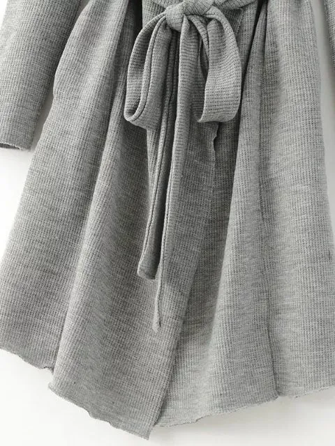 Grey Shawl Long Sweater Pocket Belt Coat 