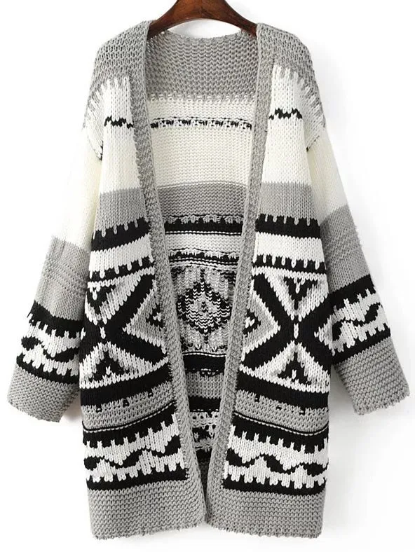 Grey White Tribal Vintage Pattern Long Sweater Winter Coat 