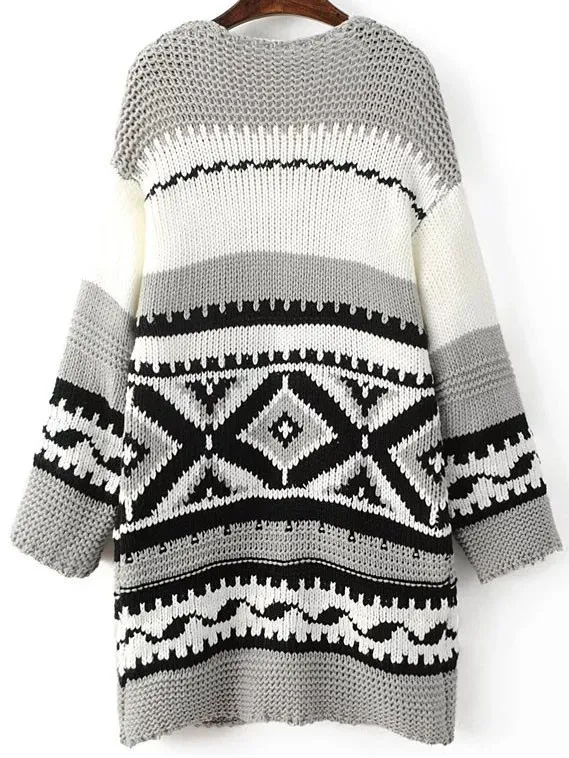 Grey White Tribal Vintage Pattern Long Sweater Winter Coat 