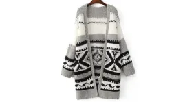 Grey White Tribal Vintage Pattern Long Sweater Winter Coat 