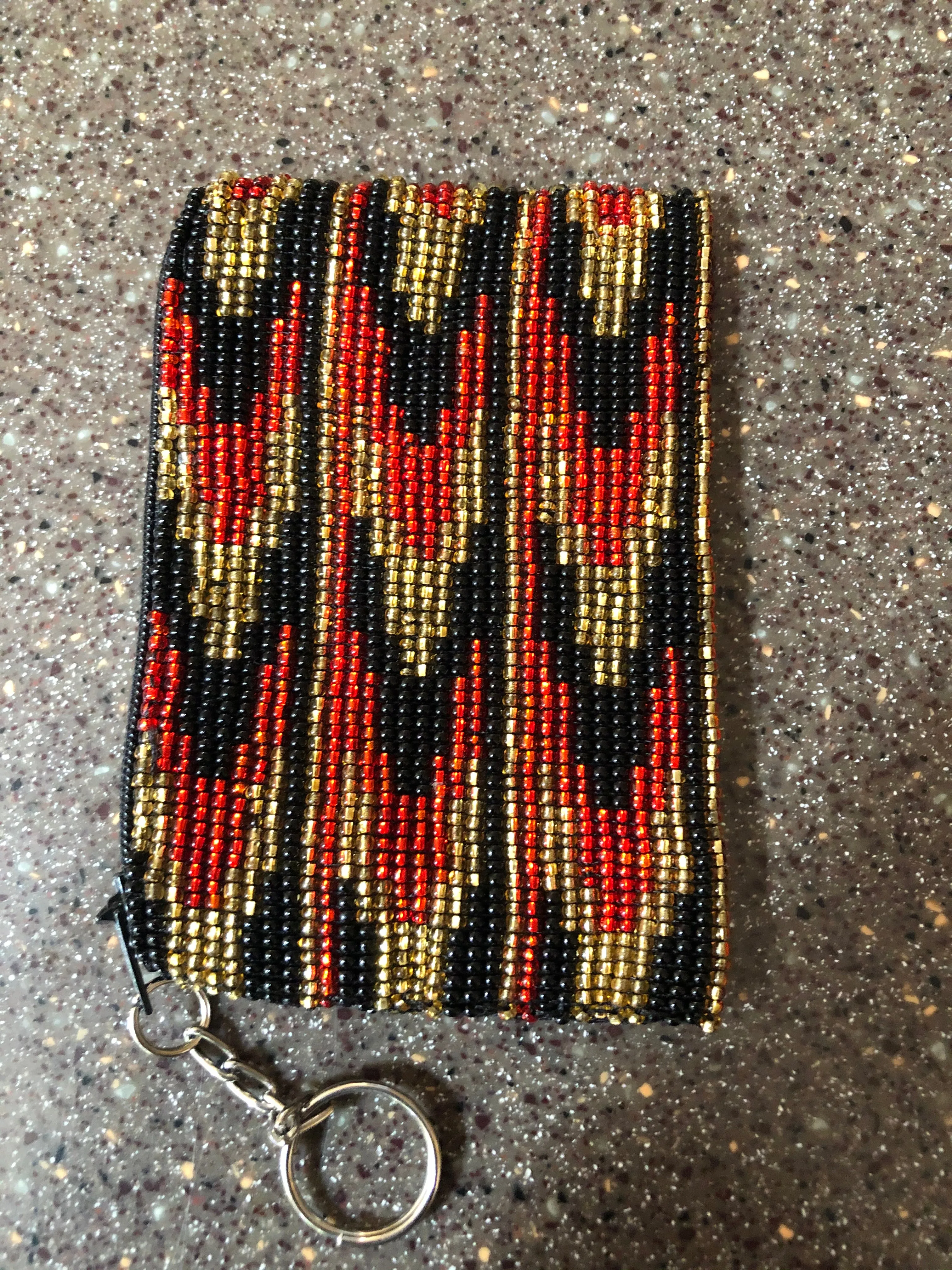 Guatemalan handcrafted glass beadwork change purse with key ring. 4” x 3”. SALE!!!